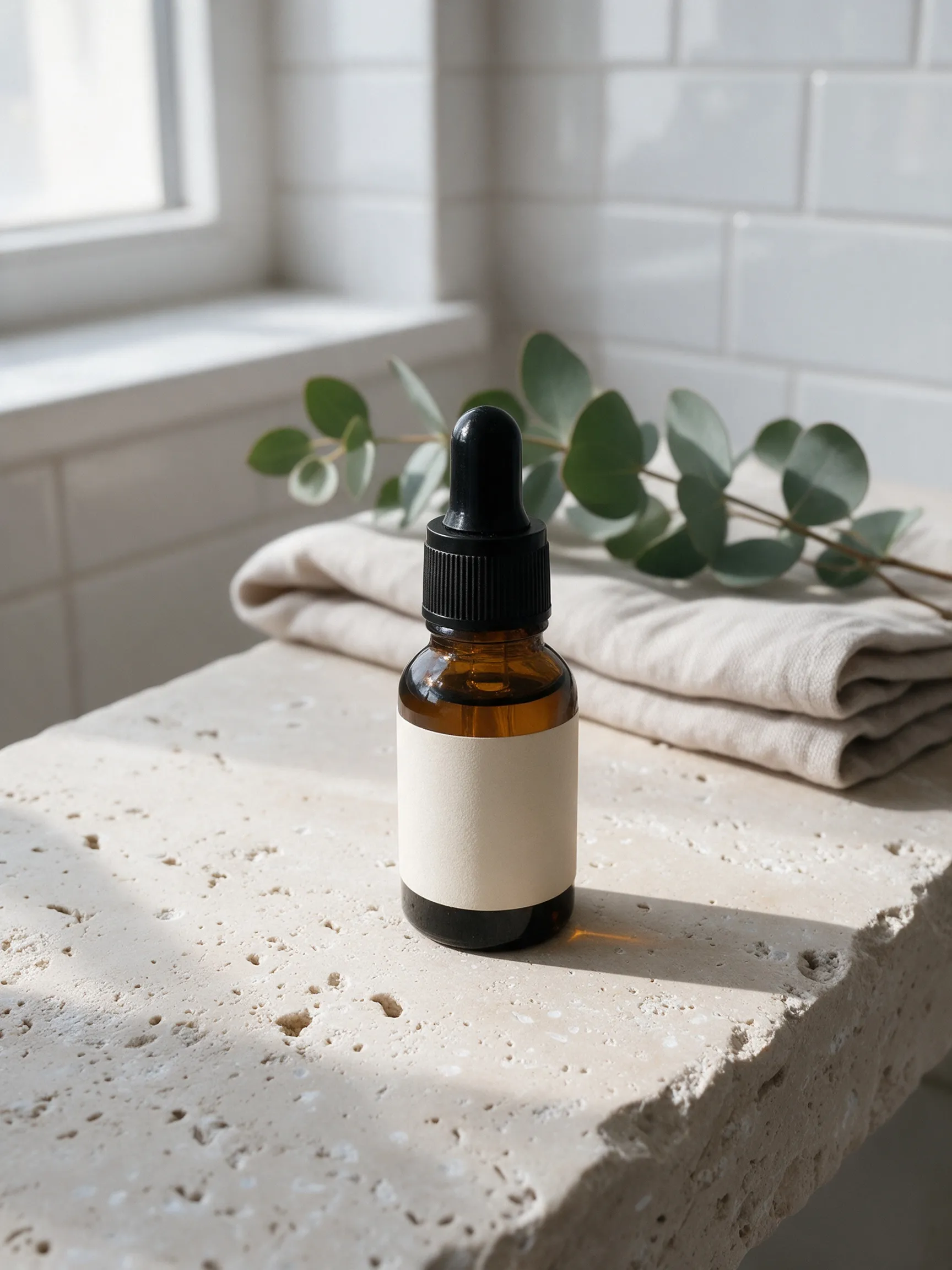 The same amber serum bottle on a travertine stone ledge in morning window light, with eucalyptus and a folded linen towel behind it