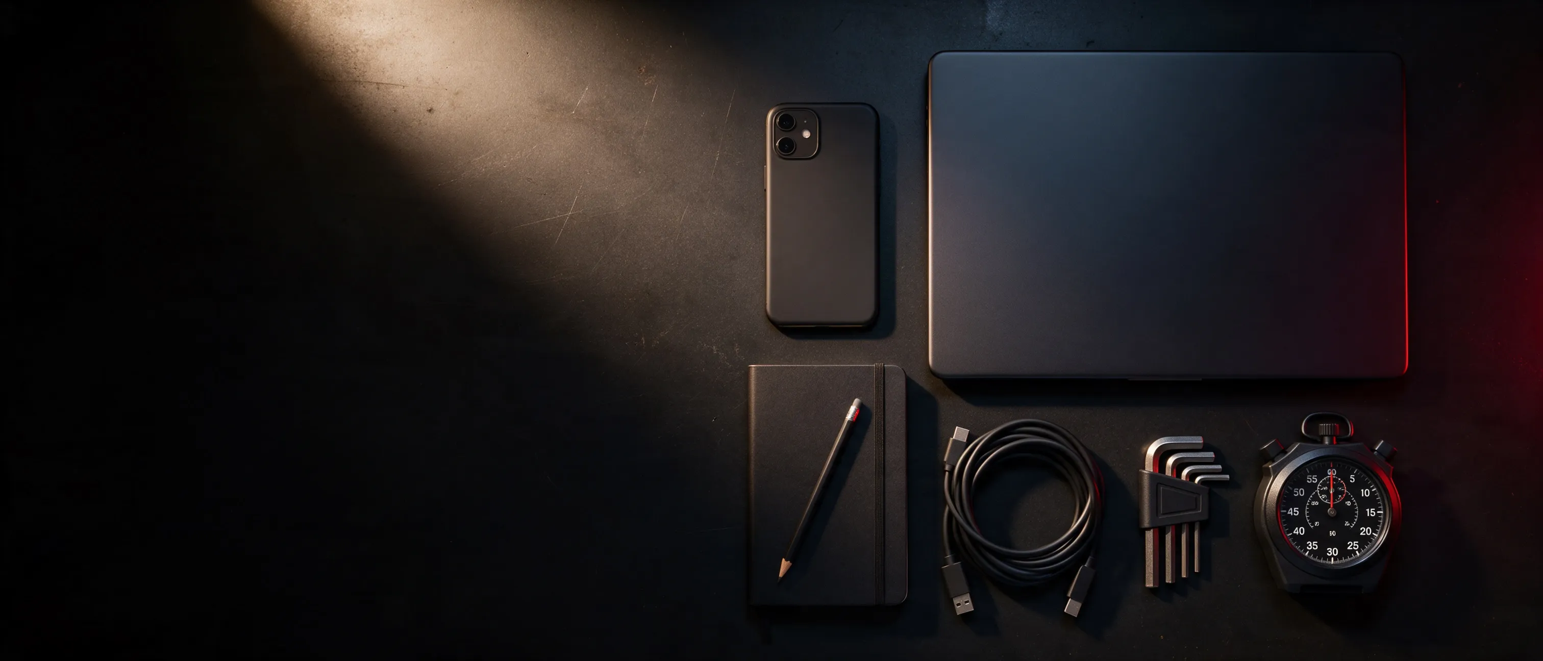 Top-down view of a closed laptop, a phone, a notebook with a pencil, coiled cables, hex keys and a stopwatch laid out on a black steel bench