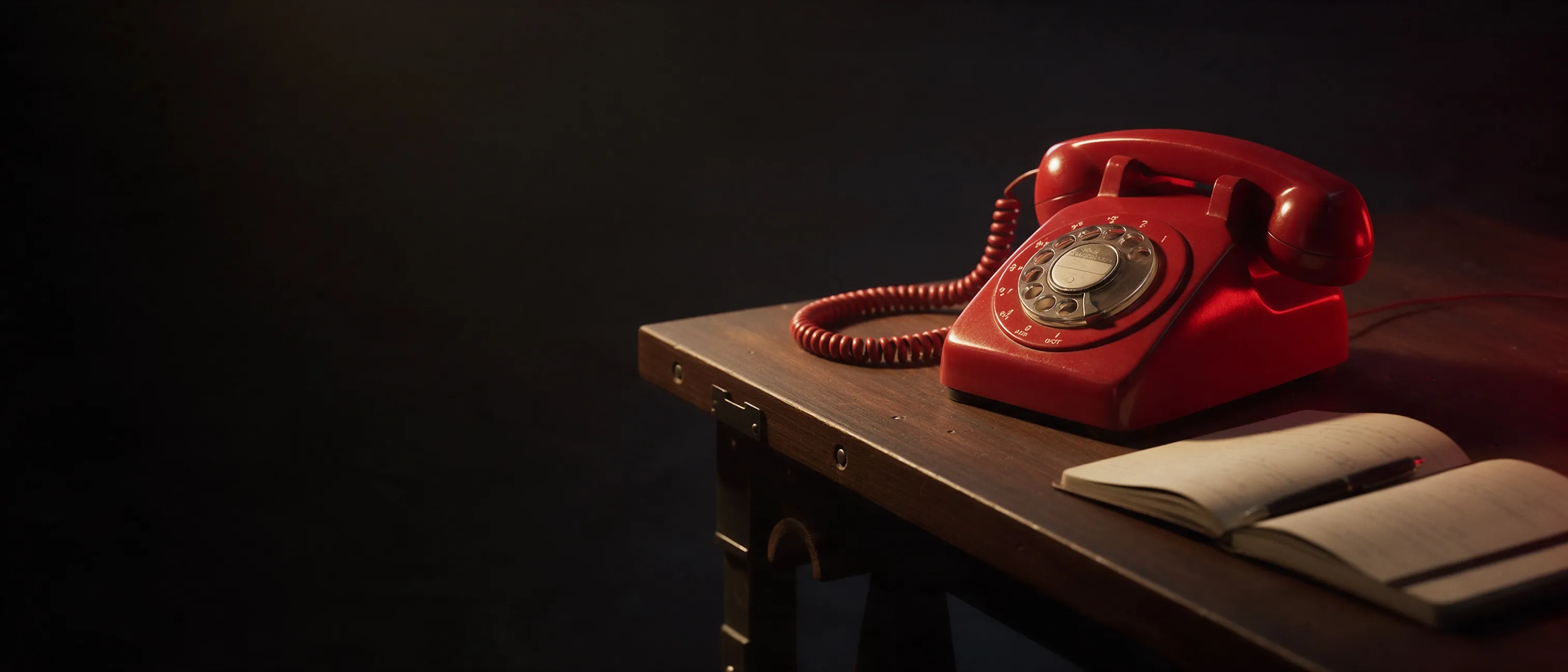 A red rotary desk telephone with a coiled cord beside an open notebook on a wooden workbench in low light