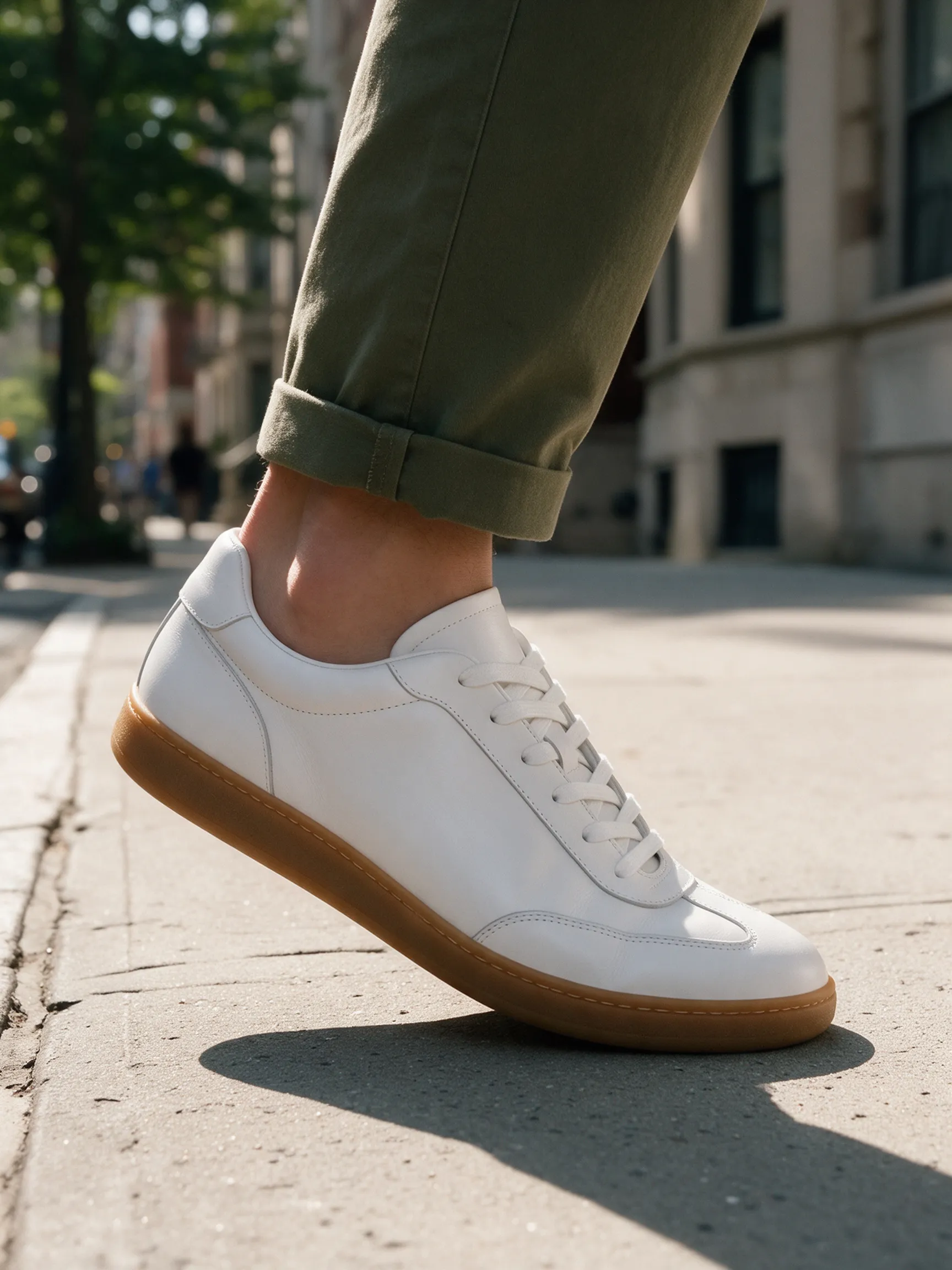 The same white leather sneaker with gum sole worn mid-step on a sunlit city pavement, with olive chinos rolled at the ankle